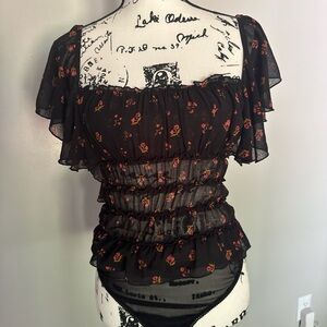 Free People Black Floral Sheer Blouse